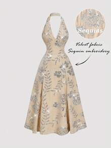 SHEIN MOD 女士丝绒亮片刺绣吊带连衣裙，女士冬季连衣裙，圣诞派对连衣裙，新年连衣裙，感恩节连衣裙，优雅派对连衣裙，亮片连衣裙，圣诞连衣裙，毕业典礼连衣裙，女士奢华晚礼服，新年夜连衣裙 - 杏色 - 查看 1