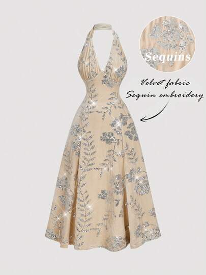 SHEIN MOD Vestido de veludo com bordado de lantejoulas e decote halter para mulheres, ideal para o inverno, festas de Natal, Ano Novo, Dia de Ação de Graças, festas elegantes, com lantejoulas, perfeito para o Natal, formaturas e eventos noturnos de luxo.