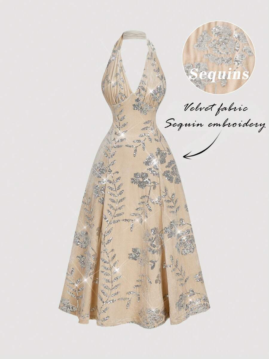SHEIN MOD 女士丝绒亮片刺绣吊带连衣裙，女士冬季连衣裙，圣诞派对连衣裙，新年连衣裙，感恩节连衣裙，优雅派对连衣裙，亮片连衣裙，圣诞连衣裙，毕业典礼连衣裙，女士奢华晚礼服，新年夜连衣裙 - 杏色 - 查看 1