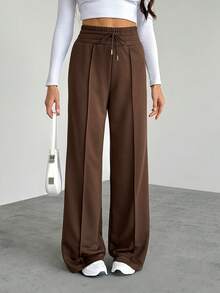 SHEIN Tall Women's Solid Color Drawstring Waist Wide Leg Loose Casual Sweatpants Graduation,Back To School,Graduation,Teacher For Women,Back To School - Brown - View 5