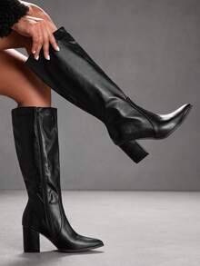 CUCCOO SZL Women's Black Pointed Toe Fashion Side Zipper Design High Heel Mid-Calf Boots For Christmas - Black - View 7