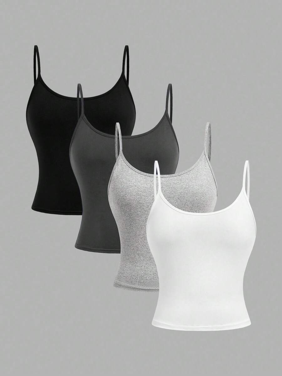 Girlism 4pcs/Set Teen Girls Cropped Casual Camisole Tops, Suitable For Spring, Summer, Autumn And Winter - Dark Grey - View 1