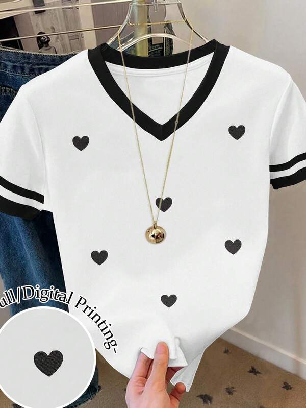 Resyla Women's V Neck Heart Valentine's Day Print Ringer Tee Graphic Tees Women Tops