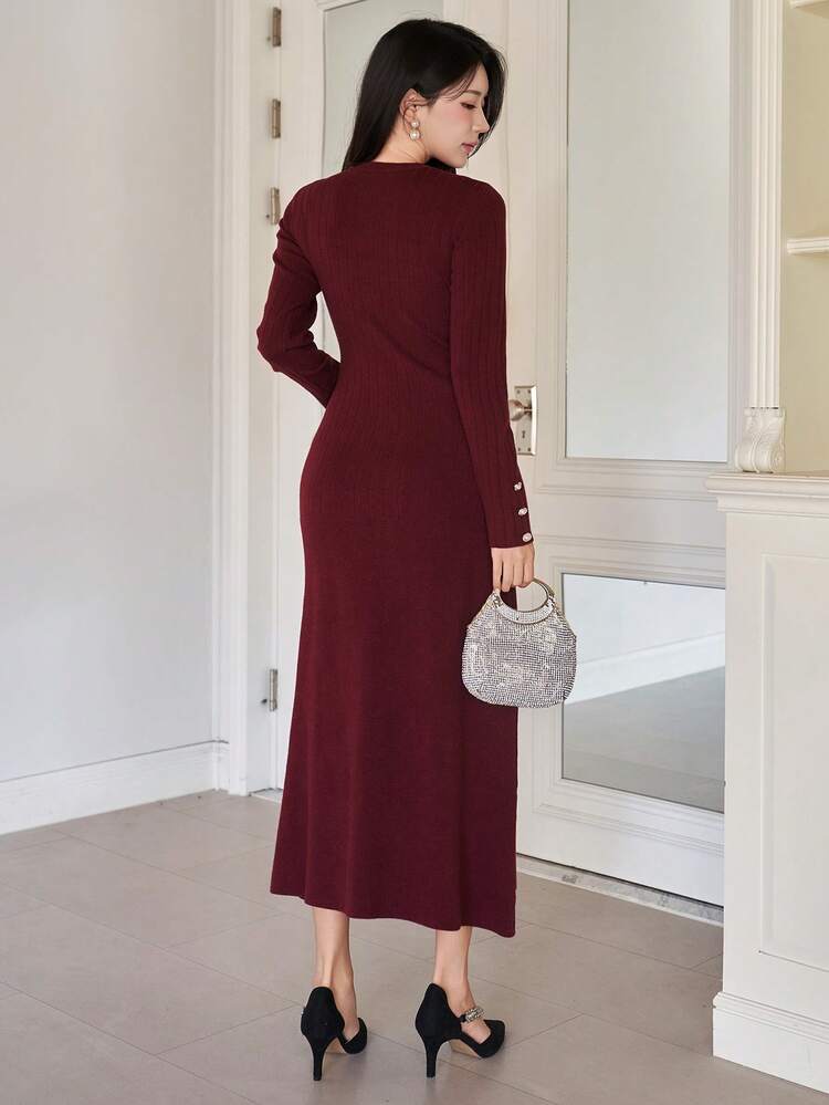 Women's Elegant Solid Color V-Neck Faux Pocket Sweater Dress, Autumn/Winter,New Year