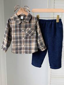 2pcs/Set Baby Boy Plaid Collar Casual Shirt & Elastic Waist Pants Set Baby Set Autumn Winter Season Baby Boys Outfit Baby Boy Plaid Outfit Baby Boy Fall Winter Babyboy Outifts - Multicolor - View 5