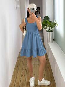 Vestido sin mangas de punto acanalado y parcheado unicolor para mujer - Azul - Ver 5