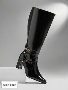 SHUZIA Women's Wide Triple Buckle Pointed Toe Block Heel Black Pat Knee High Boots – Sleek Style For Fall Looks & Confident Curves For Christmas - Black - View 2