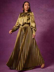 Vixey 高腰超阔腿缎面褶皱裤 - 橄欖綠 - 查看 4