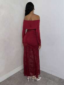 Glamine 女士优雅蕾丝拼接荷叶边长袖露肩连衣裙 - 酒紅色 - 查看 2