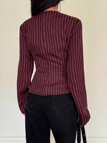 Siren Gaze 女士条纹束腰长袖衬衫，秋冬款 - 酒紅色 - 查看 2