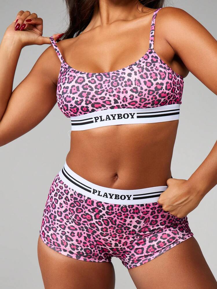 Missguided x Playboy Leopard Print Bralette And Boyshort Panty Set With Contrast Logo Band Details For Intimate Occasions