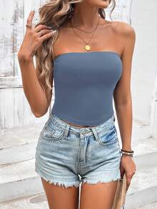 Sylviya 女士纯色休闲露肩抹胸，紧身运动休闲短款蓝色上衣，适合夏季