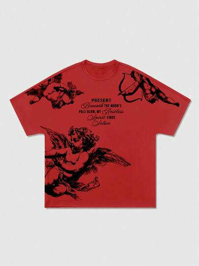 ROMWE MEN Street Life Spring/Summer Casual Graphic Red Men'S Batwing Sleeve Print Short Sleeve T-Shirt, Suitable For Everyday Wear In Spring/Summer