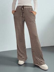 SHEIN Tall 舒适休闲纯色针织低腰阔腿女式运动裤 - 棕色 - 查看 3