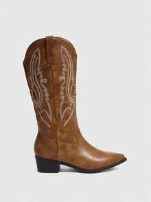 Daringsoles 女士西部风格尖头粗跟中筒靴 - 棕色 - 查看 4