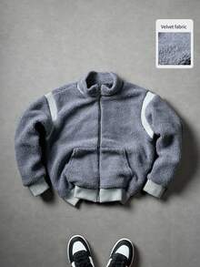 Manfinity Roghcode 男士纯色长袖立领夹克，双拉链设计，羊毛夹克，时尚街头风格，适合外出，适合日常和户外穿着，送给朋友和男朋友的礼物，男士双拉链夹克，适合秋冬 - 灰色 - 查看 1