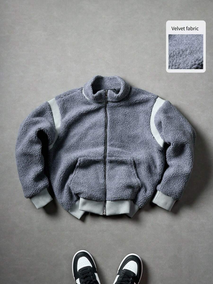 Manfinity Roghcode 男士纯色长袖立领夹克，双拉链设计，羊毛夹克，时尚街头风格，适合外出，适合日常和户外穿着，送给朋友和男朋友的礼物，男士双拉链夹克，适合秋冬 - 灰色 - 查看 1