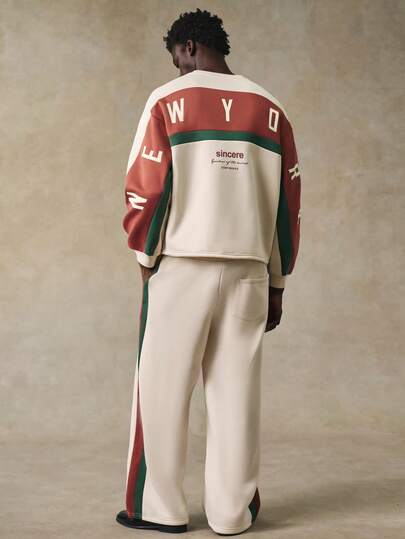 STYNVO Men's Letter Print Contrast Color Crew Neck Long Sleeve Pullover Sweatshirt And Wide Leg Pants Casual Suit Two Pieces Set Co-Ord Set Streetwear Sweatsuit Set Y2k Tracksuit , For Winter, Thermal Lined