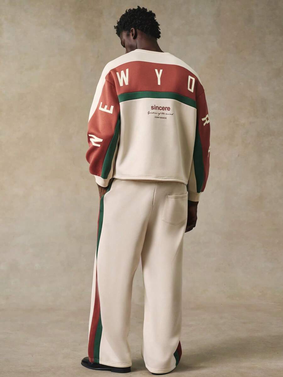 STYNVO Men's Letter Print Contrast Color Crew Neck Long Sleeve Pullover Sweatshirt And Wide Leg Pants Casual Suit Two Pieces Set Co-Ord Set Streetwear Sweatsuit Set Y2k Tracksuit , For Winter, Thermal Lined - Multicolor - View 1