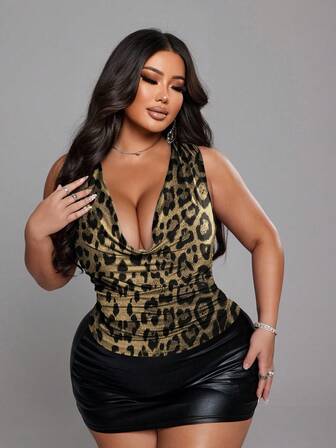 NU&NOW Elegant Sexy Leopard Print Wrap Surplice Camisole Versatile For Daily, Date, Vacation, Casual Wear, Plus Sizewinter Christmas Summer Party Elegant New Year