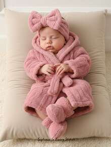 Cozy Pixies 新生儿男女宝宝连帽长袖抓绒睡袍，带系带