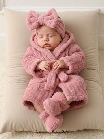 Cozy Pixies Bata con capucha de manga larga de felpa para bebé recién nacido niño/niña con corbata