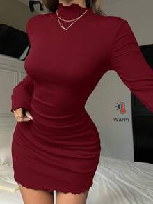 SHEIN EZwear 女士黑色针织弹力加厚修身连衣裙，秋冬款 - 酒紅色 - 查看 7