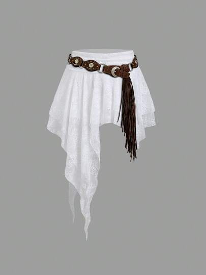 Sweetra 女士秋季新款复古性感修身蕾丝不对称下摆派对/约会百搭舒适优雅高端半身裙