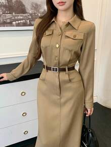 DAZY 女士休闲纯色水洗口袋牛仔连衣裙，秋季连衣裙 - 卡其色 - 查看 6