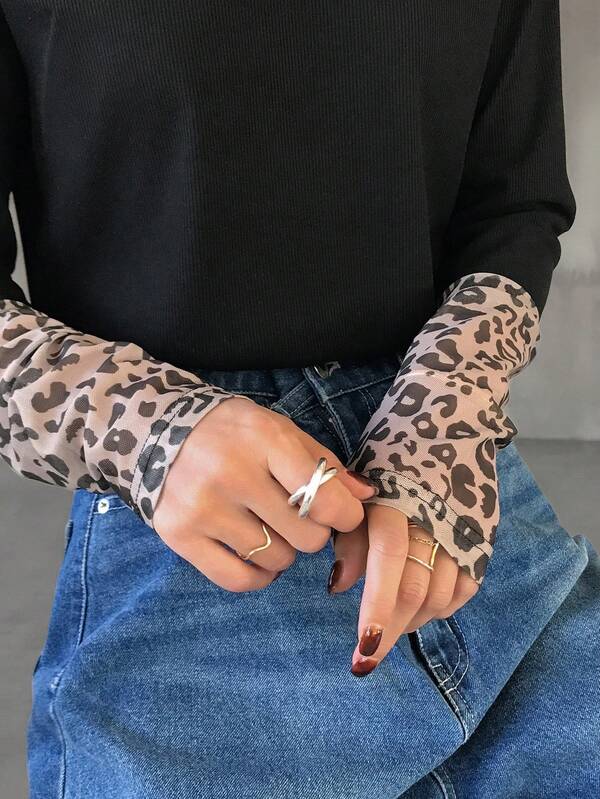FRIFUL Women's Patchwork Leopard Print Crew Neck Long Sleeve Casual Loose Versatile T-Shirt, Autumn/Winter