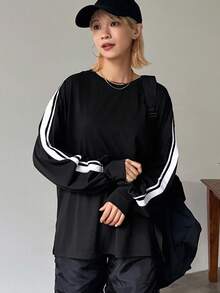 FRIFUL Women's Casual Round Neck Colorblock Long Sleeve Loose T-Shirt, Spring Autumn,Fall Women Clothes - Black - View 3