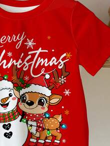 SHEIN Maglietta a maniche corte con collo rotondo, stile minimalista, adatta per l'estate, il Natale e come strato, con simpatici e divertenti motivi natalizi a renne e pupazzi di neve, colore rosso natalizio, adatta per ragazze giovani - Multicolore - Visualizzare 5