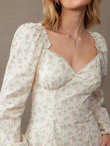 WESTFADE Floral Embroidered V Neck Bow Front Long Sleeve Tiered Ruffle Mini Dress Holiday, Christmas, New Years Eve Outfit, NYE, Fall, Autumn, Winter, Boho, Casual, Cute, Western Wear - White - View 2