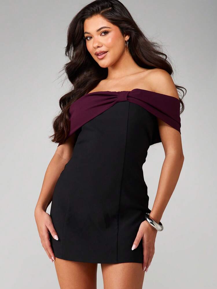 MISSGUIDED Vestido mini con hombros descubiertos, detalle de lazo Bardot y silueta ajustada con detalle de torsión, perfecto para fiestas y ocasiones de noche