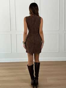 Siren Gaze Brown Suede Sleeveless Mini Bodycon Dress For Women, Autumn/Winter Brown Mini Dress Elegant Summer - Chocolate Brown - View 2