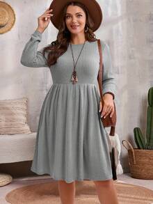 EMERY ROSE 大码纯色圆领口袋休闲长袖秋季连衣裙 - 灰色 - 查看 4