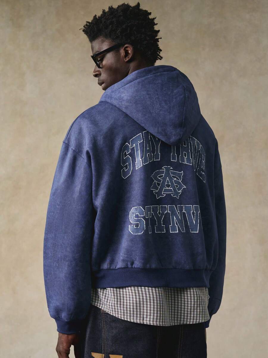 STYNVO 男士字母印花长袖拉链休闲连帽衫 短款连帽衫 男士街头服饰 男士图案连帽衫 街头风拉链西部风连帽衫 - 藏蓝色 - 查看 1