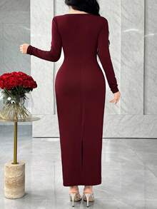 Modelyn 女士优雅水钻装饰褶皱中长修身连衣裙，秋季 - 酒紅色 - 查看 2