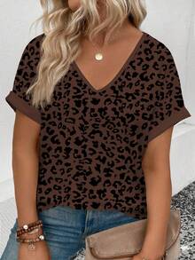 EMERY ROSE Áo thun nữ cổ chữ V tay ngắn họa tiết da báo thời trang xuân/hè đa năng mới về - Nhiều màu - Xem 1