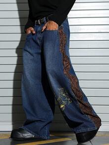 PAVTROS 新款老虎刺绣设计老虎印花拼接侧拉链宽松蓝色牛仔裤 - 彩色 - 查看 6