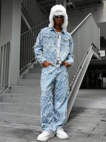 PAVTROS Men's Frayed Edge Button Front Long Sleeve Jacquard Denim Jacket And Pockets Denim Pants Set Men Baby Blue Outfit