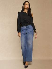 Silquee 女士优雅通勤纯色不对称领蝙蝠袖上衣 - 黑色 - 查看 3