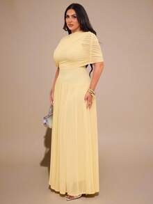 SHEIN BAE 大尺碼奶油黃夏季優雅端莊正式婚禮賓客長版美人魚網紗洋裝，純色米色緊身生日派對禮服 - 黃色 - 查看 6