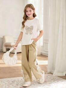 Conjunto de 2 piezas de top con lazo de strass y pantalones con lazo a rayas para niñas, moda callejera - Caqui - Ver 6
