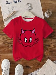 SHEIN HOT STUFF Tween Girls' Casual Cartoon Devil Print Round Neck Short Sleeve T-Shirt, Summer - White - View 7
