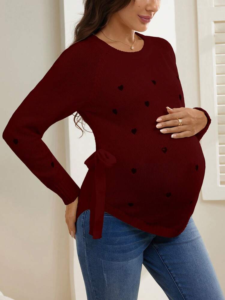 SHEIN Suéter casual con estampado de corazón para la cintura de mujeres embarazadas, otoño/invierno - Burdeos - Añade 5