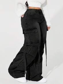 SHEIN ICON 大码时尚工装风宽松休闲牛仔裤，带大口袋 - 黑色 - 查看 2