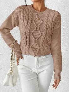 Aalyst Women's Casual Everyday Commute Simple Solid Color Dropped Shoulder Loose Cable Knit Pullover Sweater, Autumn/Winter - Apricot - View 6