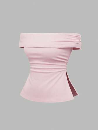 Grunge Punk Grunge Y2K Subculture Leopard Print Hem Slit Off Shoulder T-Shirt For Women, Versatile & Practical, Pink