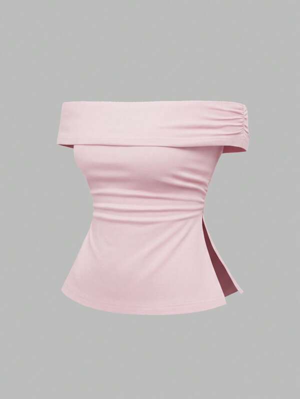 ROMWE Grunge Punk Grunge Y2K Subculture Leopard Print Hem Slit Off Shoulder T-Shirt For Women, Versatile & Practical, Pink